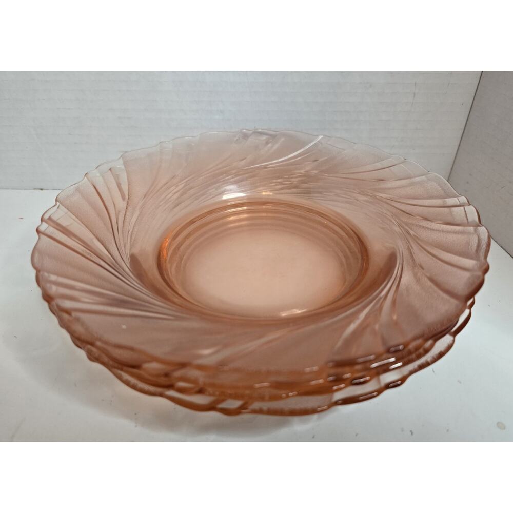 4 Vintage Vereco France Pink Swirl Glass 8.5" Pasta or Salad Bowls Plates